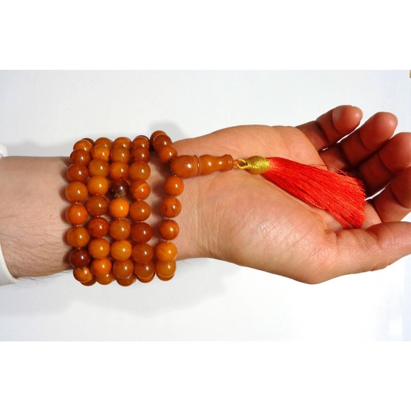 99 Bead Muslim Rosary with Minaret Butterscotch Baltic Amber Prayer Necklace 55g - Picture 10 of 10